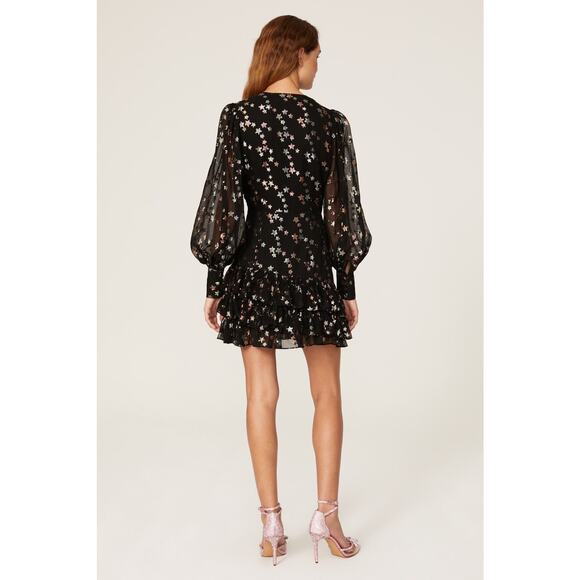 YUMI KIM Black Chiffon Metallic Star Print Blouson Sleeves Scarlett Star Dress 8 - Picture 4 of 15